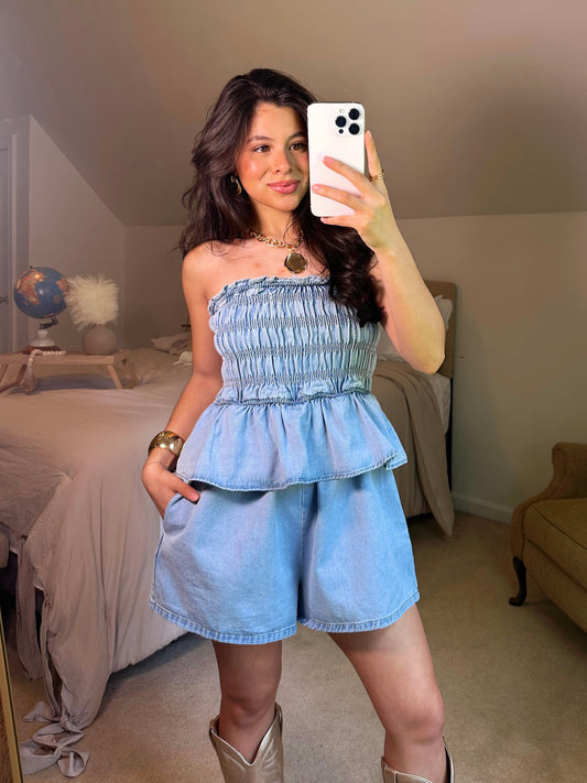 Denim Smocked Strapless Romper