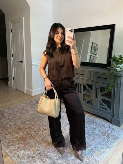 Espresso Brown Satin Top & Pants Set