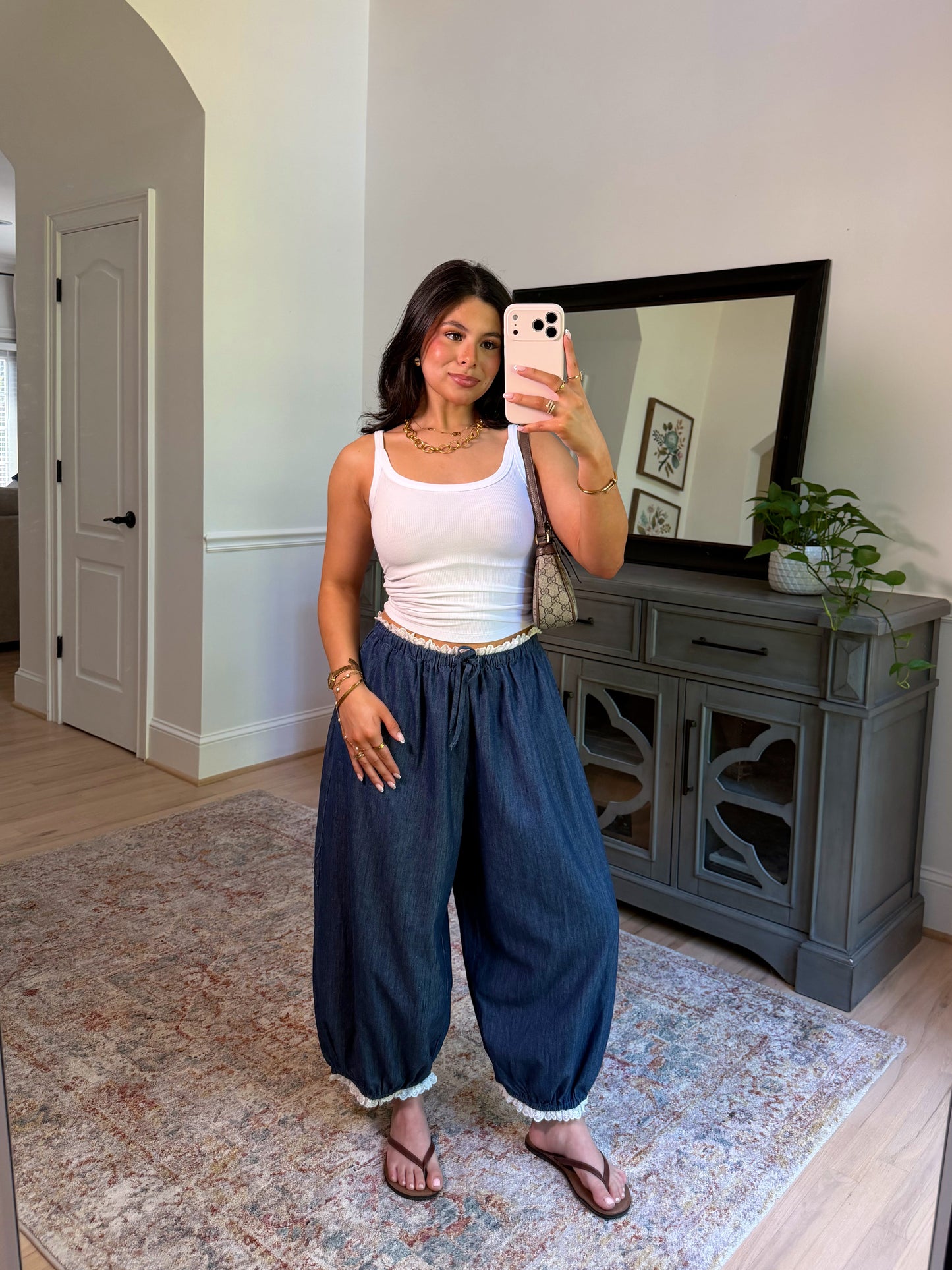 Chic Ease Denim Lace-Trim Pants