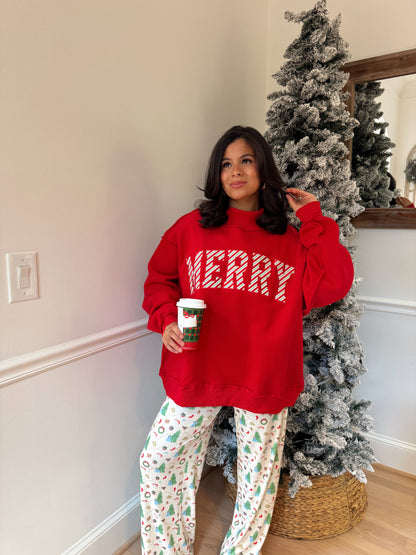 Red Candy Cane 'Merry' Embroidered Mockneck