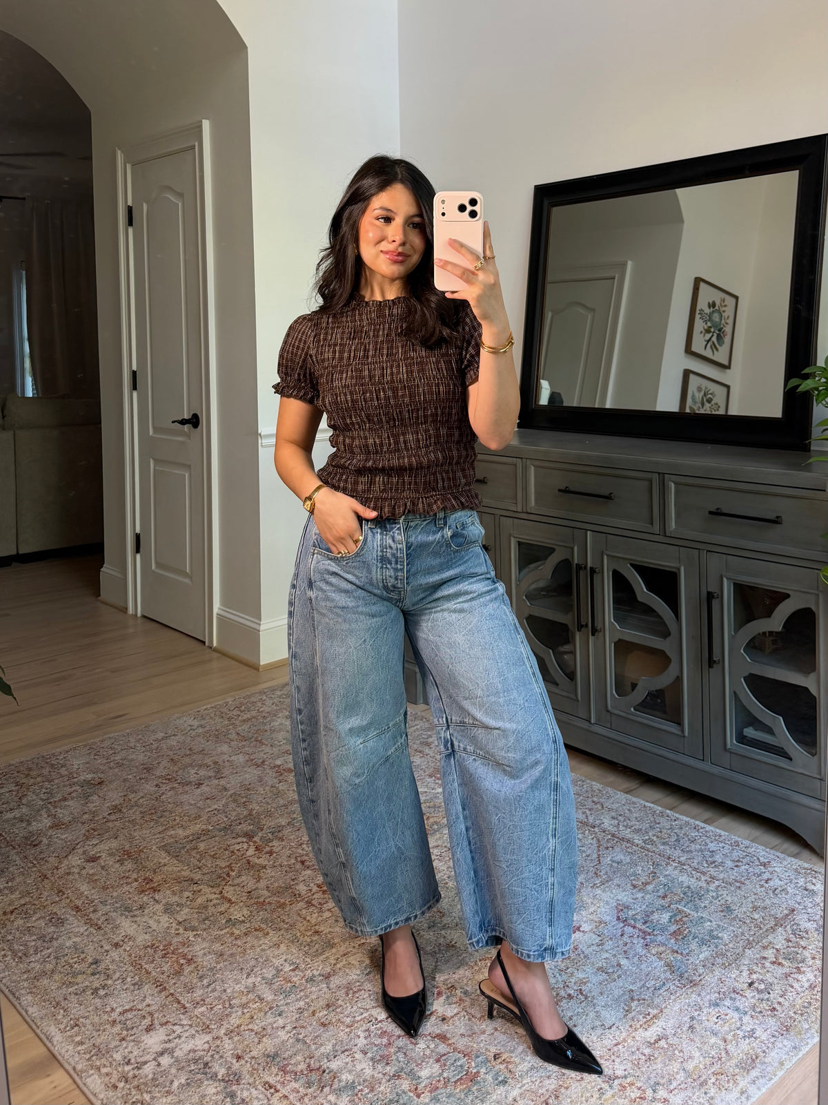 Anne Brown Plaid Scrunch Top
