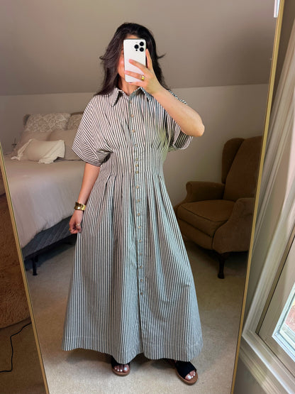 Black & White Striped Pleated Maxi Button Up Dress