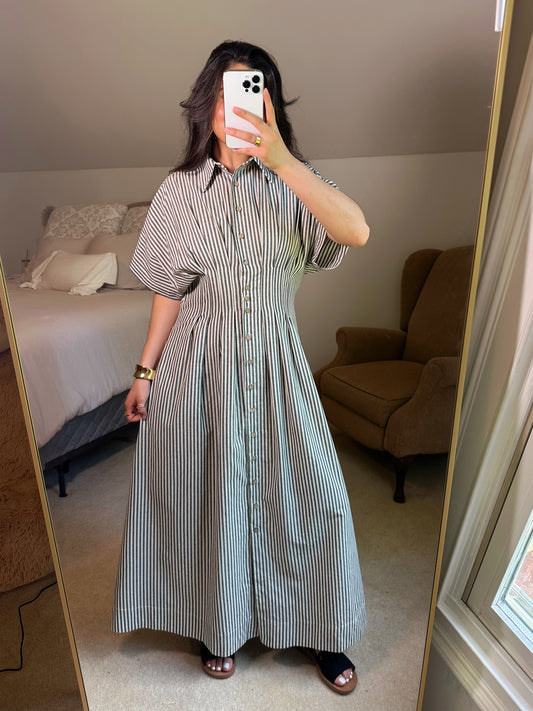 Black & White Striped Pleated Maxi Button Up Dress