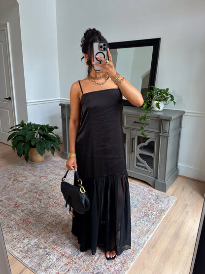 Statement Satin Chiffon Maxi Dress (Black)