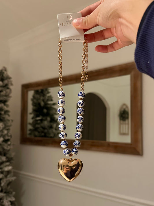 Blue Floral Chunky Heart Necklace