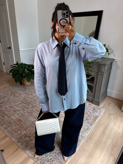 Power & Poise Pinstripe Blouse W/ Tie