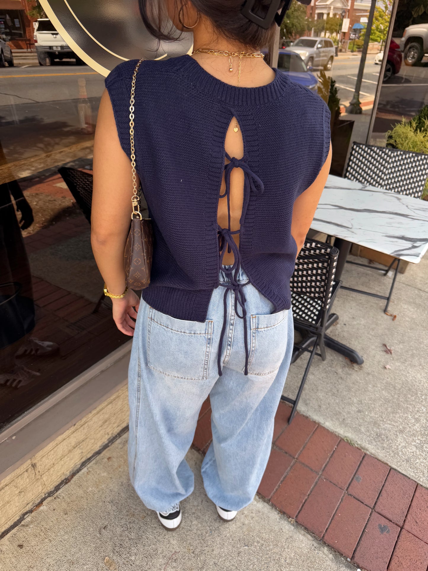Navy Open Back Knit Top