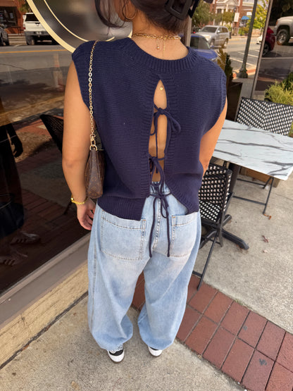 Navy Open Back Knit Top
