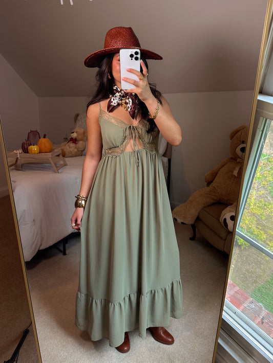Olive Lace Cut-Out Maxi Dress