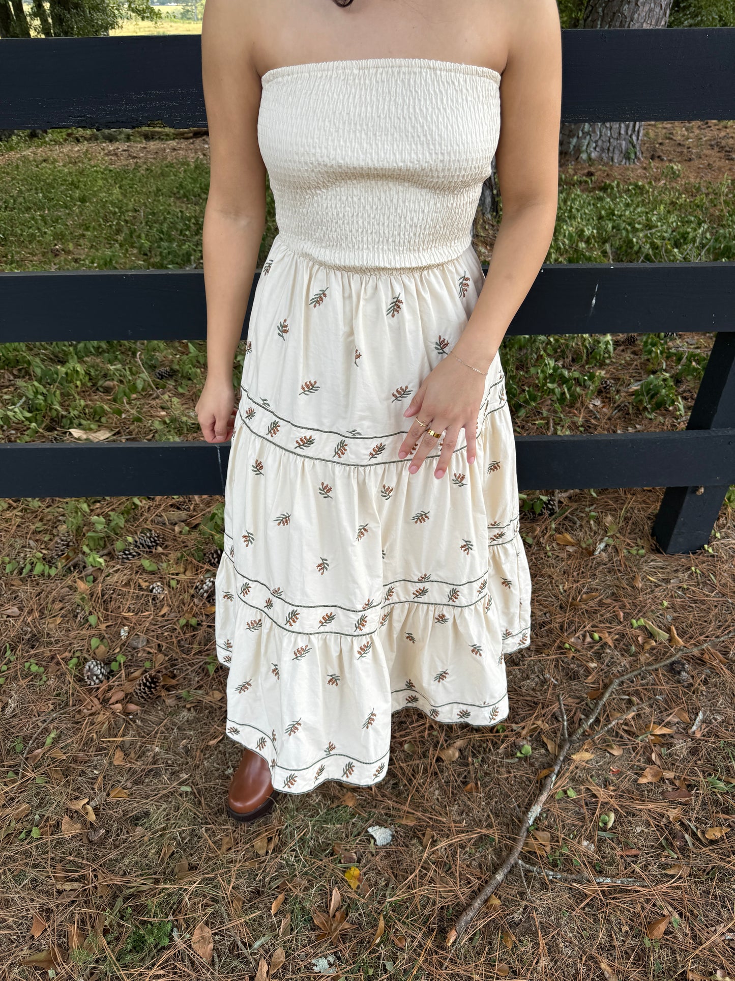 Beige Floral Embroidered Strapless Dress