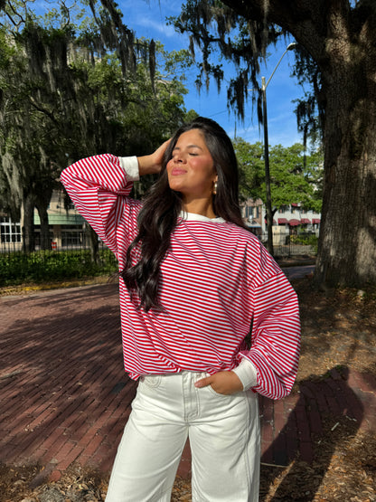 Red and White Striped Long Sleeve Tee