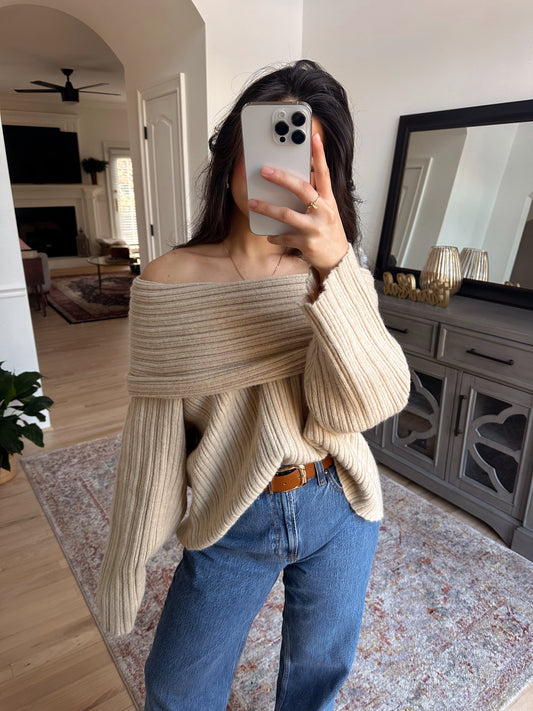 Tan Chunky Off-Shoulder Sweater