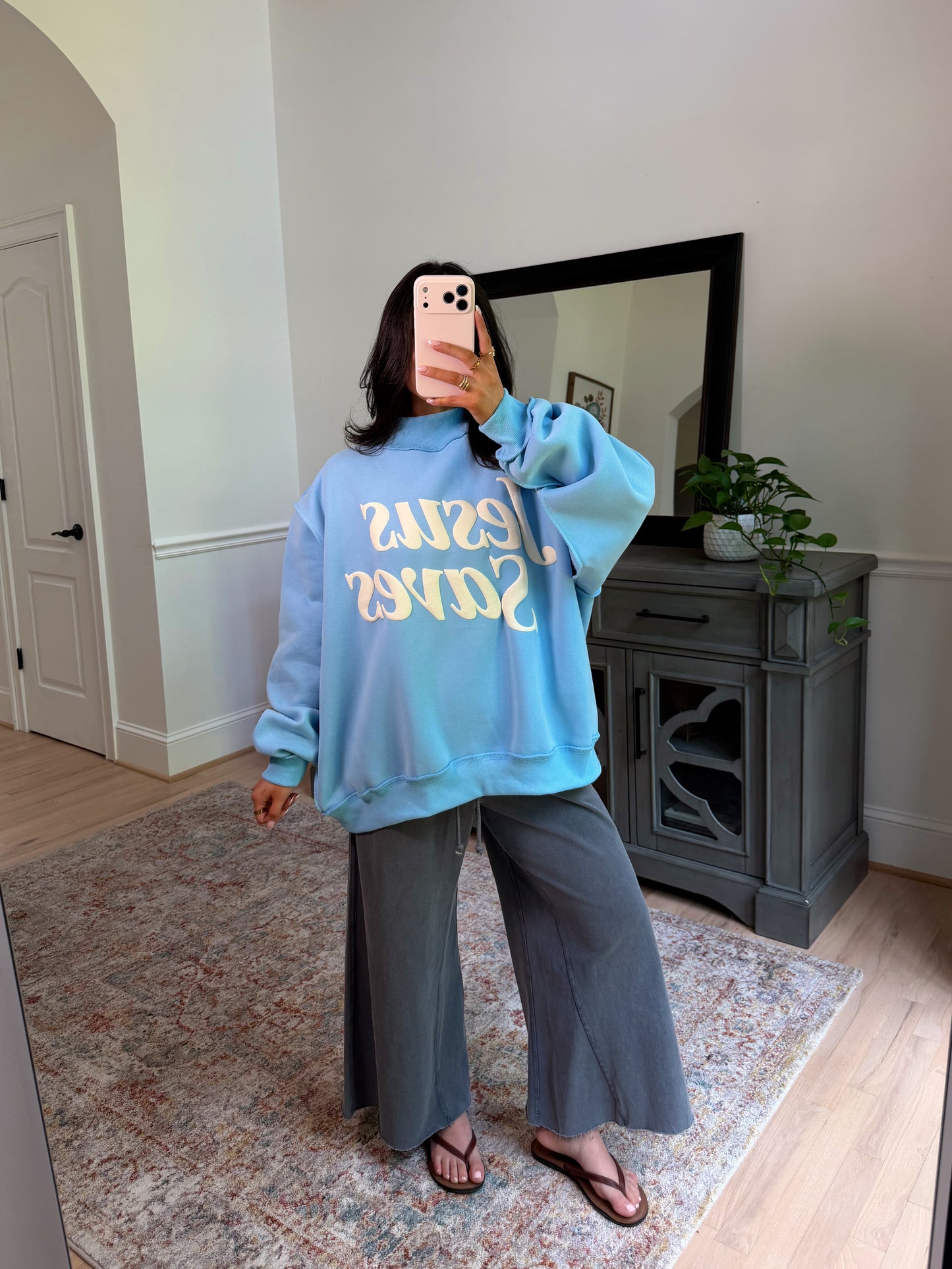 ‘Jesus Saves’ Puff Blue Mockneck