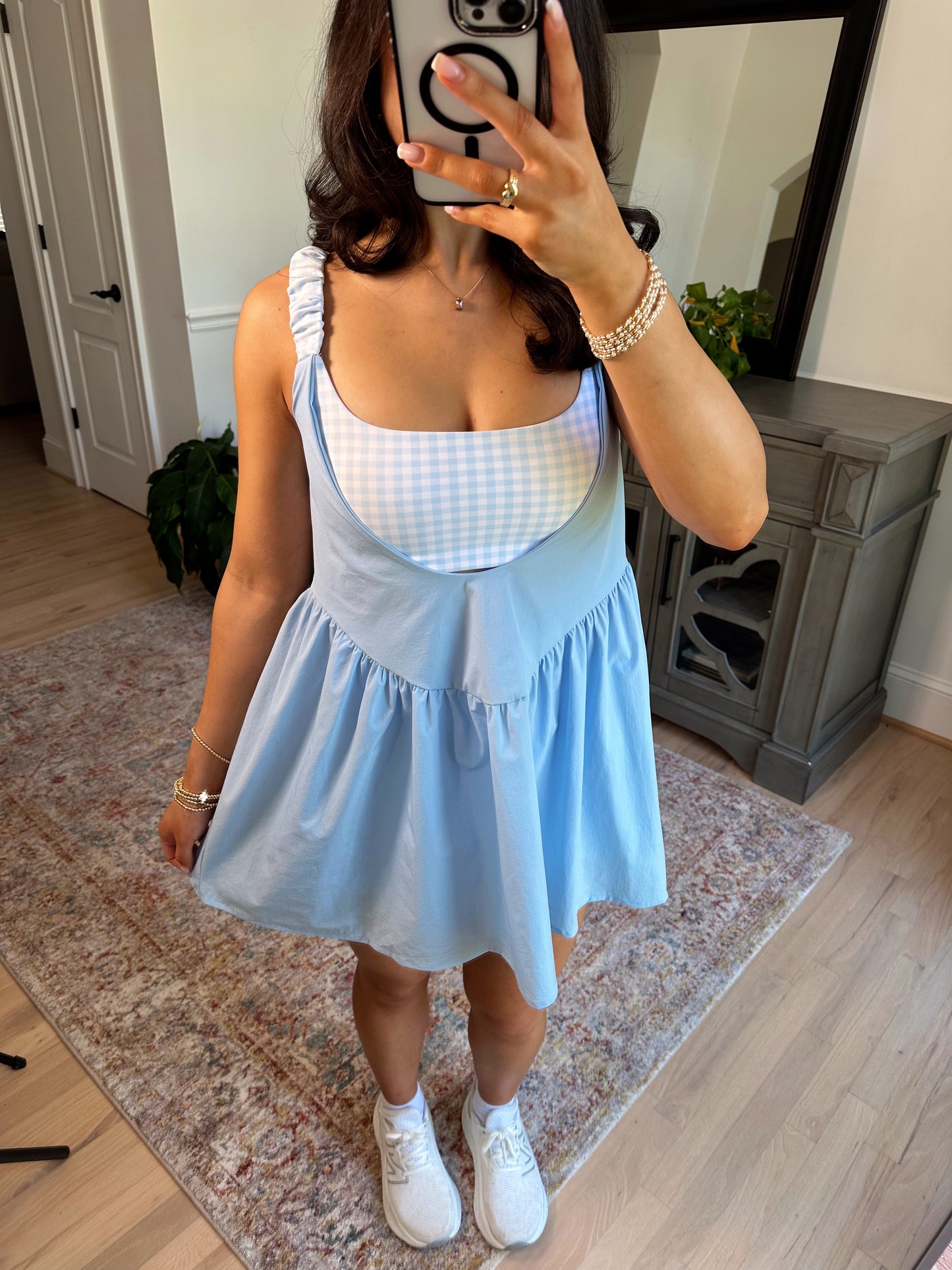 Sky Blue Gingham Active Romper Dress