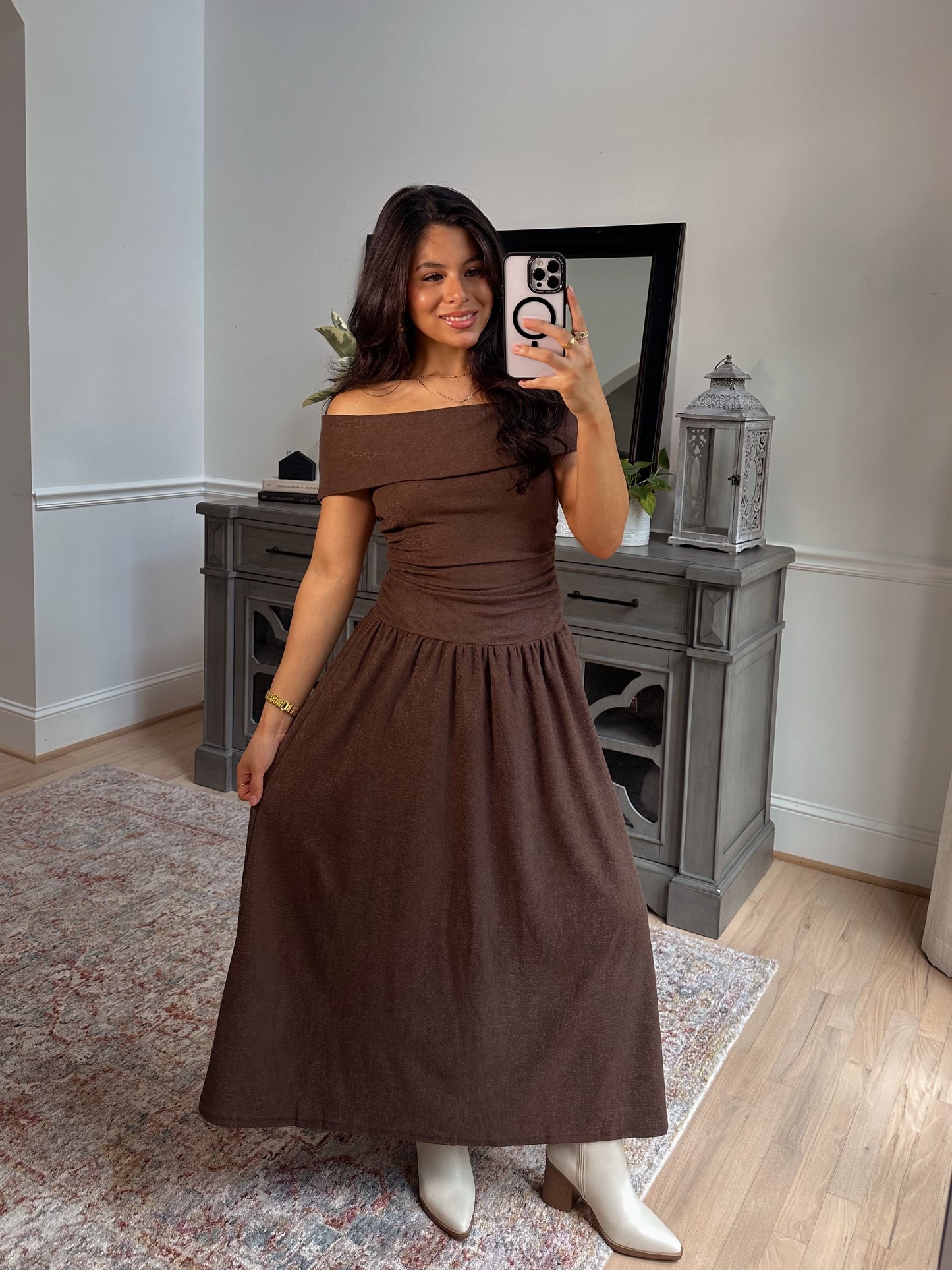 Oakwood Off-Shoulder Drop Waist Dress