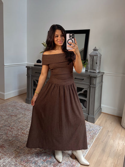 Oakwood Off-Shoulder Drop Waist Dress