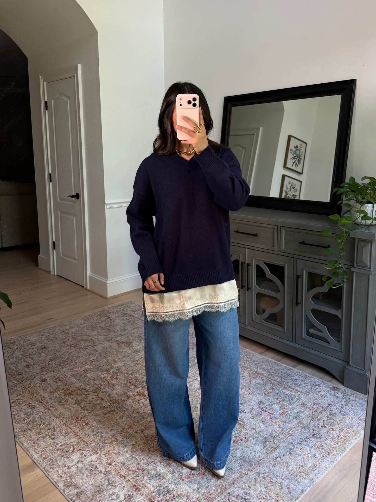 Navy Lace Trim Sweater