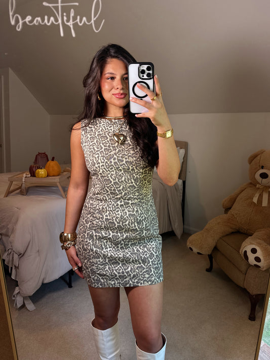 Leopard Denim Pocket Detail Dress