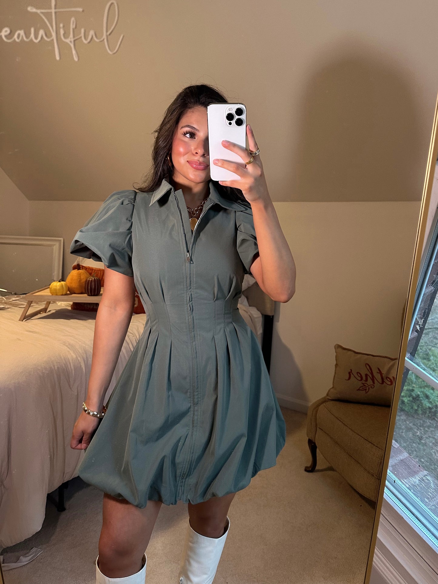 Olive Zip Up Bubble Dress