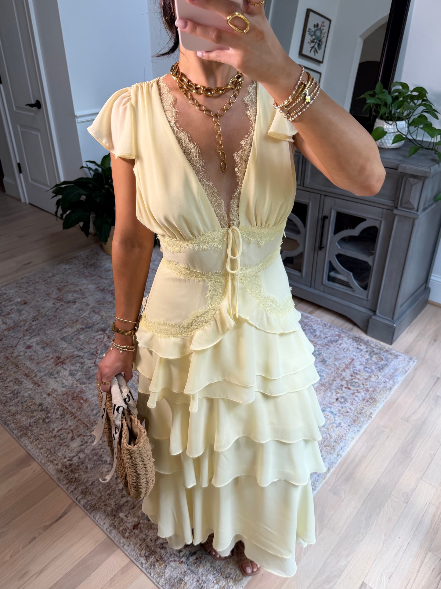 Whimsical Lace Yellow Midi Dress