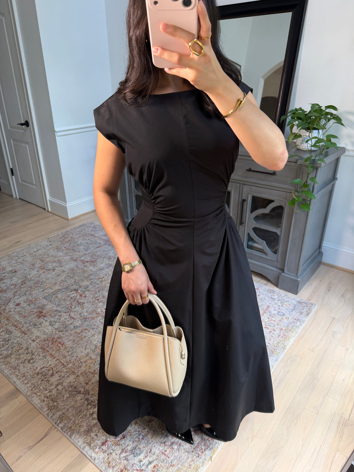 Black Magnolia Pleated Midi Dress