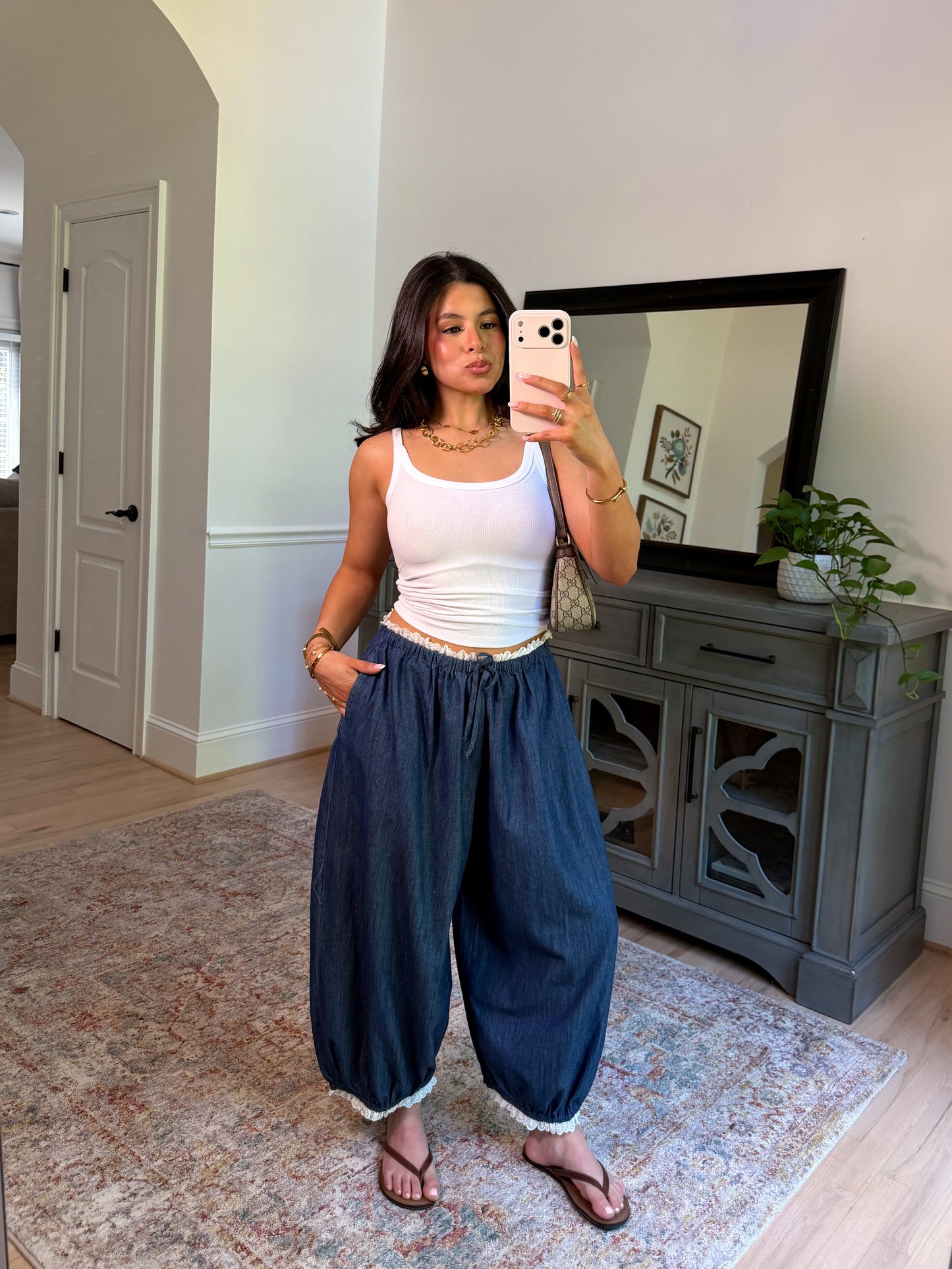 Chic Ease Denim Lace-Trim Pants