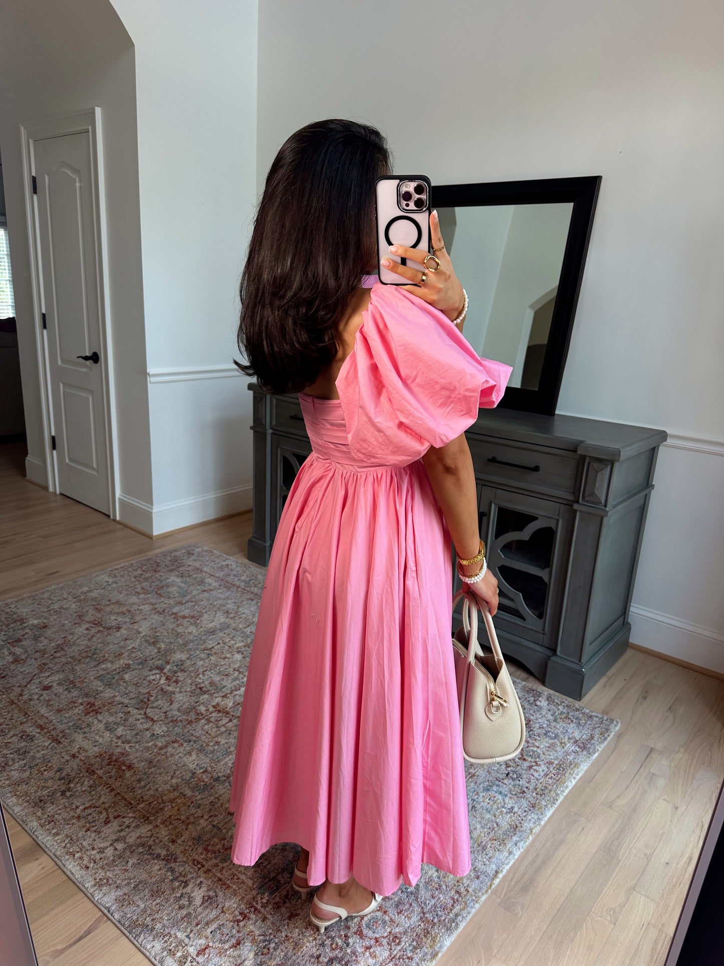 Pink Tulip Puff Sleeve Midi Dress