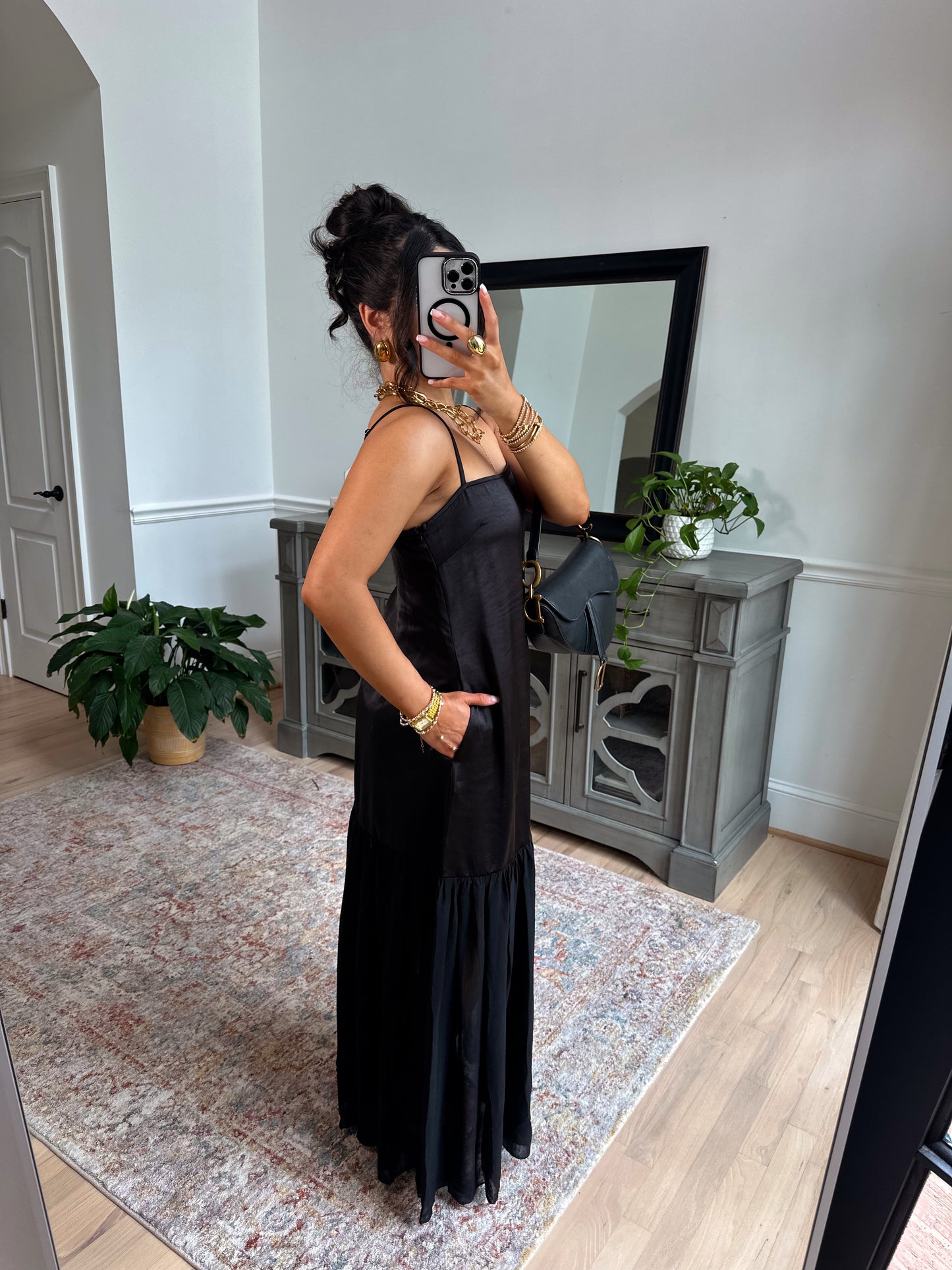 Statement Satin Chiffon Maxi Dress (Black)