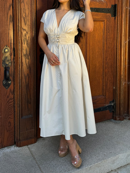 Beige Belted Buckle Dress