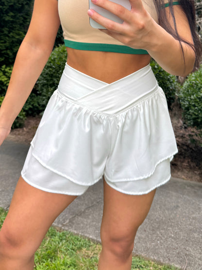 White V-Cross Waist Ruffle Shorts