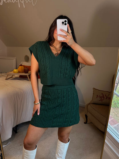 Dark Green Cable Knit Vest & Skirt Set