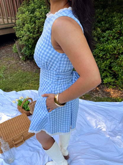 Baby Blue Gingham Lace Trim Romper