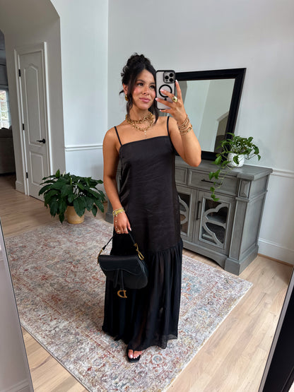 Statement Satin Chiffon Maxi Dress (Black)