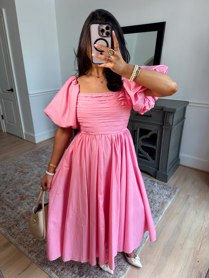 Pink Tulip Puff Sleeve Midi Dress