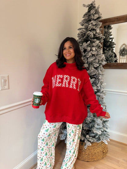 Red Candy Cane 'Merry' Embroidered Mockneck