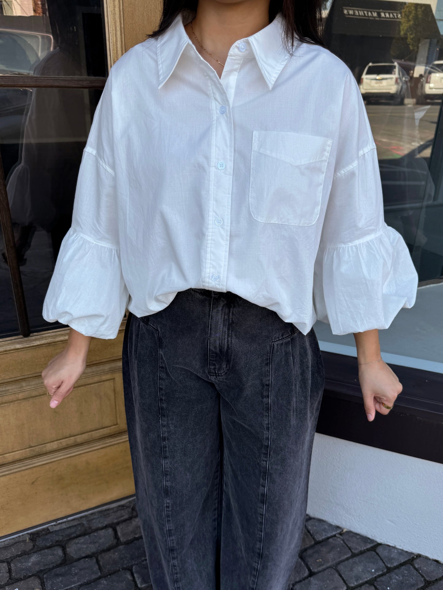 White Bubble Hem Button-Up Top