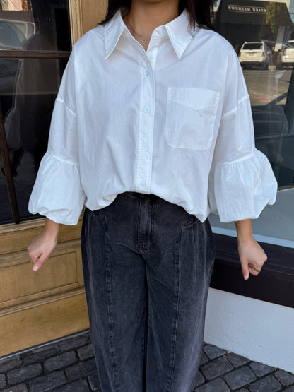 White Bubble Hem Button-Up Top