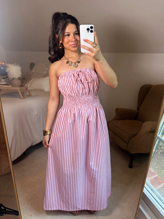 Pink Striped Tube Midi Dress