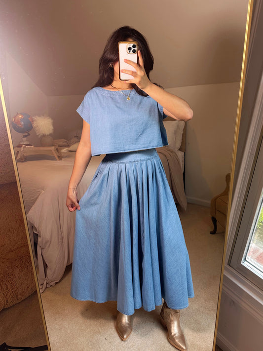 Denim Top and Poplin Pleated Skirt Set