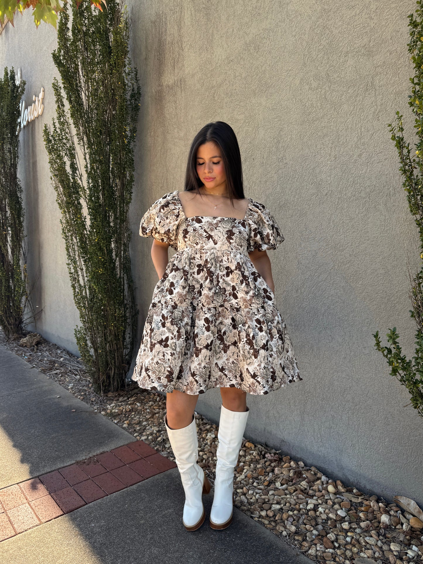 Brown Floral Jacquard Dress