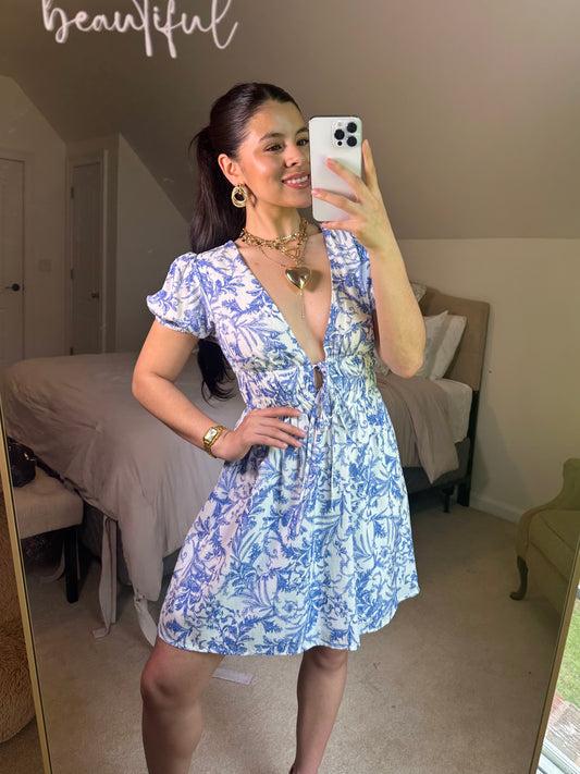 Blue Vines Plunge Neckline Mini Dress