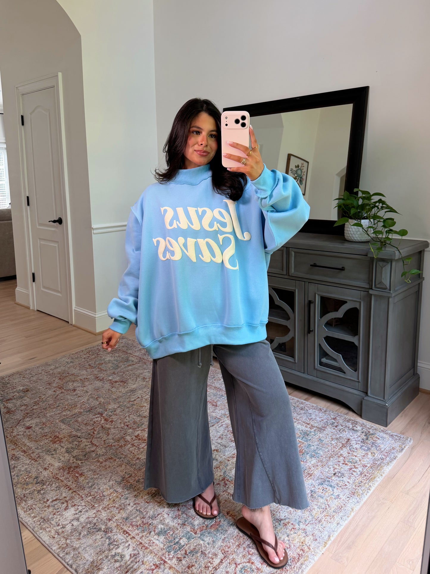 ‘Jesus Saves’ Puff Blue Mockneck