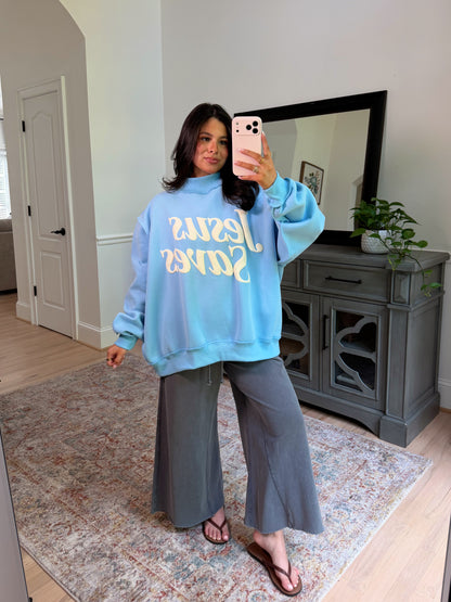 ‘Jesus Saves’ Puff Blue Mockneck
