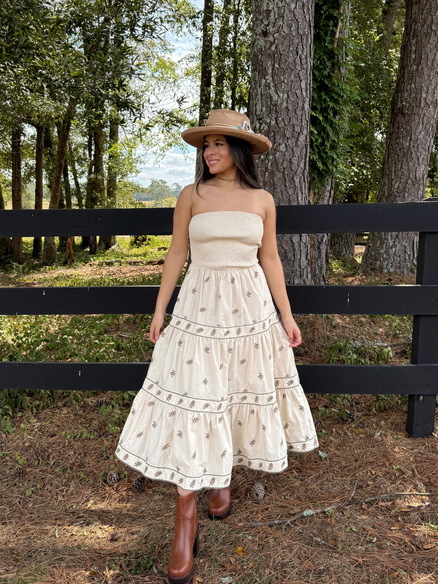 Beige Floral Embroidered Strapless Dress