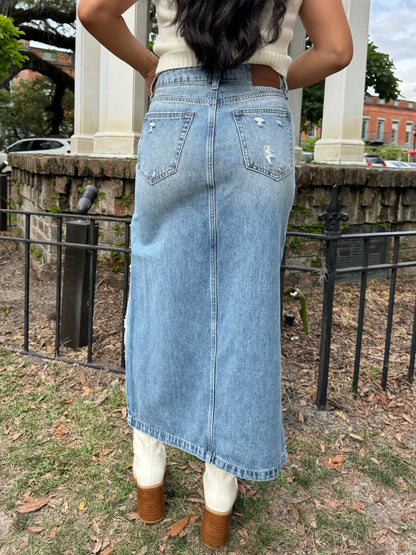 High-Low Distressed Denim Skirt