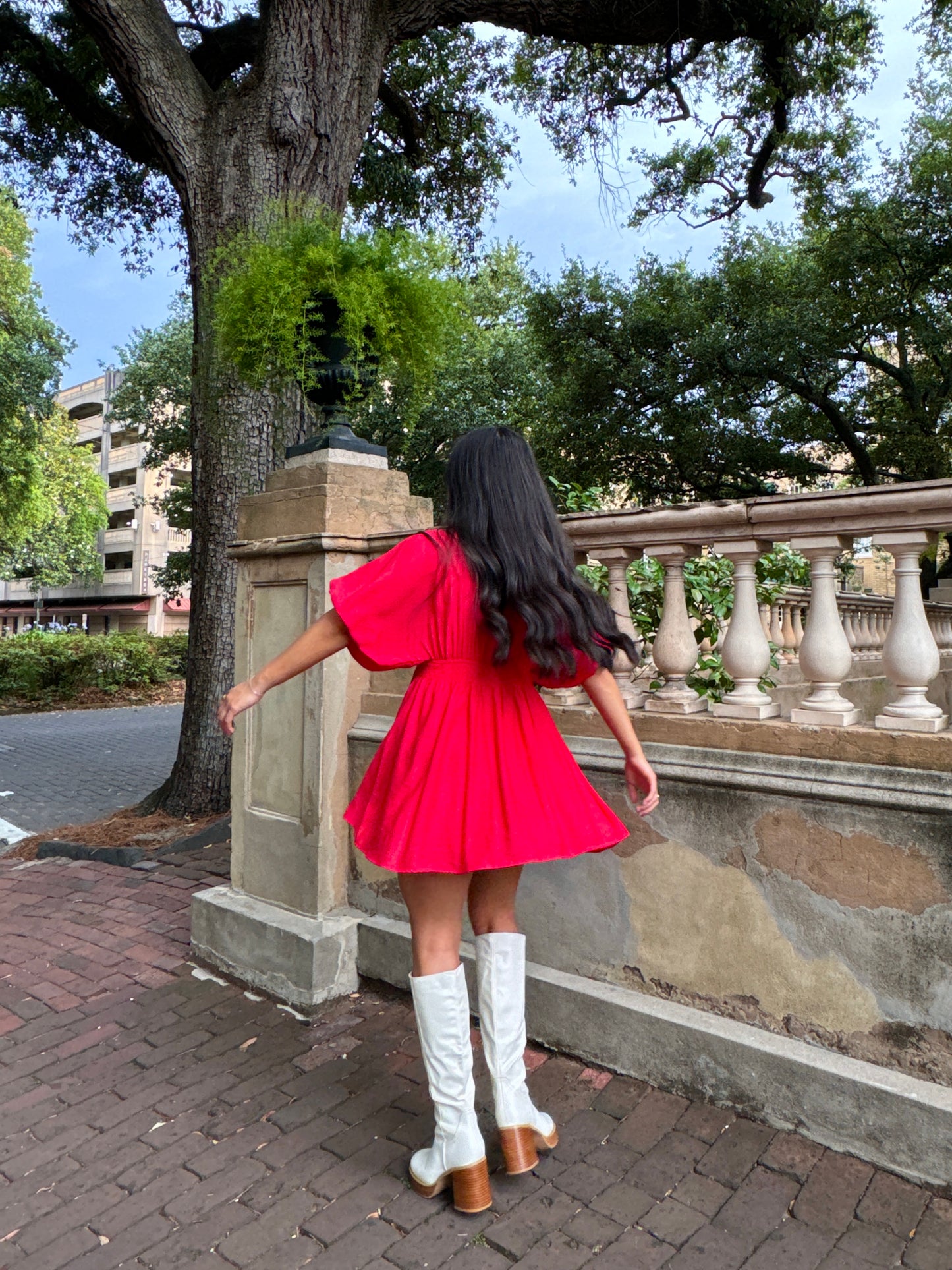 Red Puff Sleeve Flowy Mini Dress