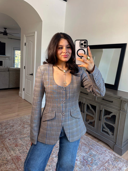 Old Money Plaid Blazer Top