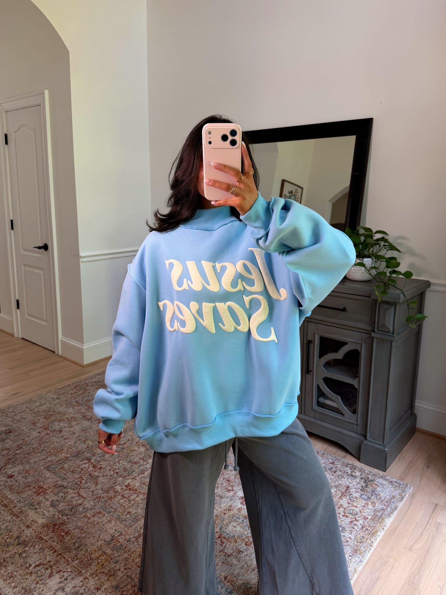 ‘Jesus Saves’ Puff Blue Mockneck