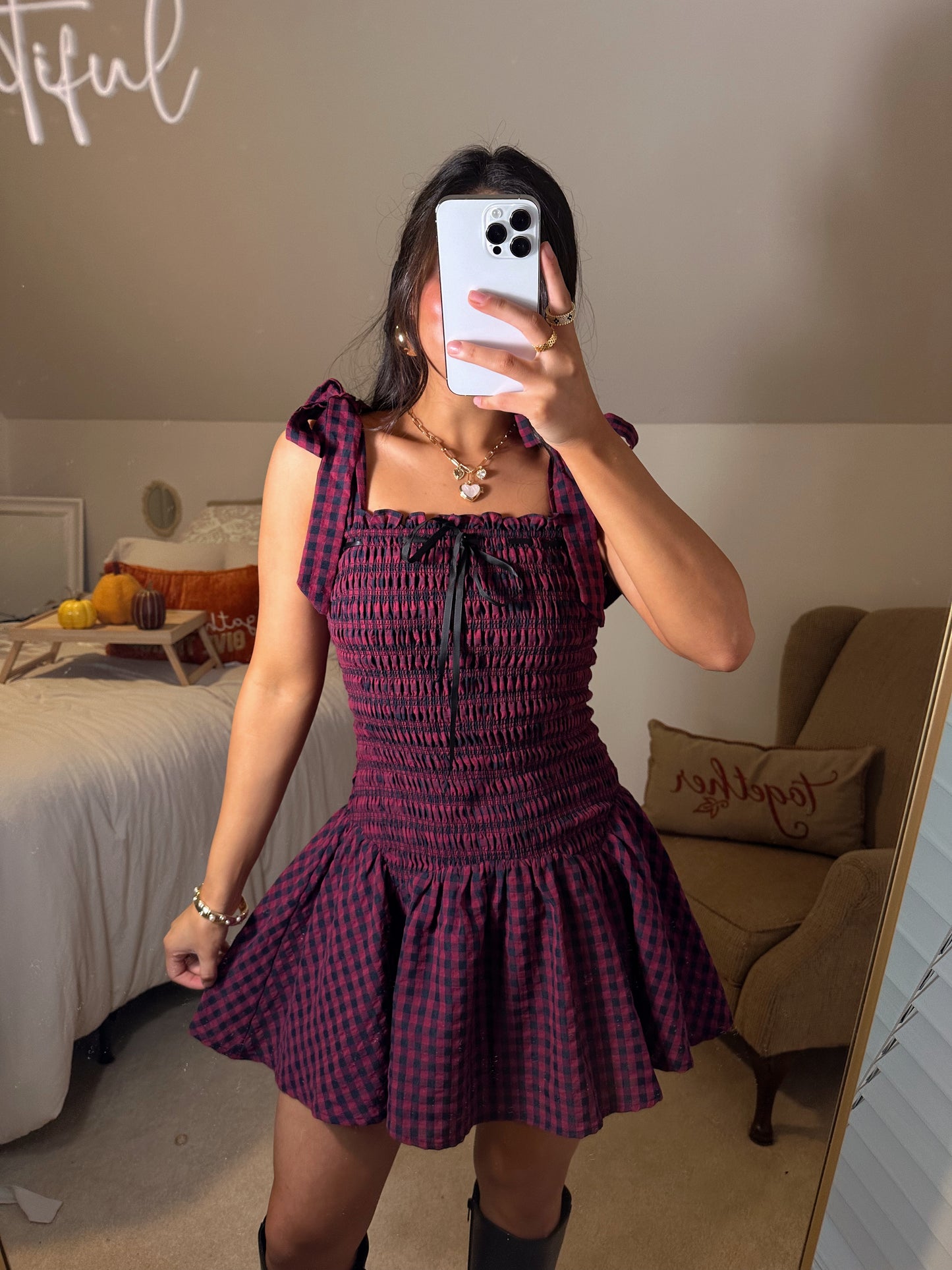 Burgundy & Black Gingham Mini Dress
