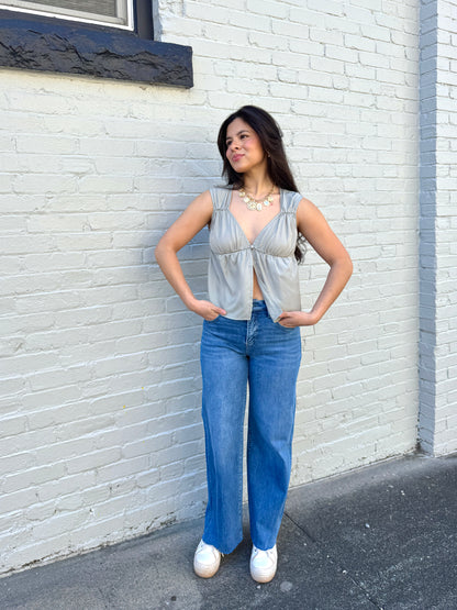 Dove Grey Button Ruched Top